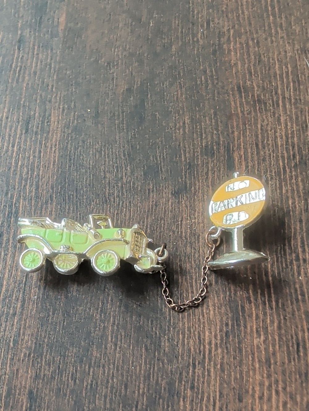Vintage Pin Tie Pin No Parking Sign Accessory Lime Green Brooch Antique Car